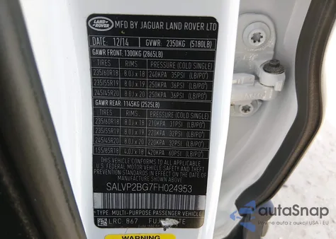 2015 Land Rover Range Rover Evoque Pure z USA, uszkodzony, nr VIN SALVP2BG7FH024953